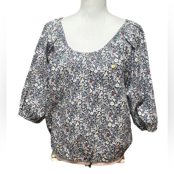 J. Crew Blue Multi-color Floral Peasant Junes Meadow Liberty of London Top XS - Picture 2 of 8